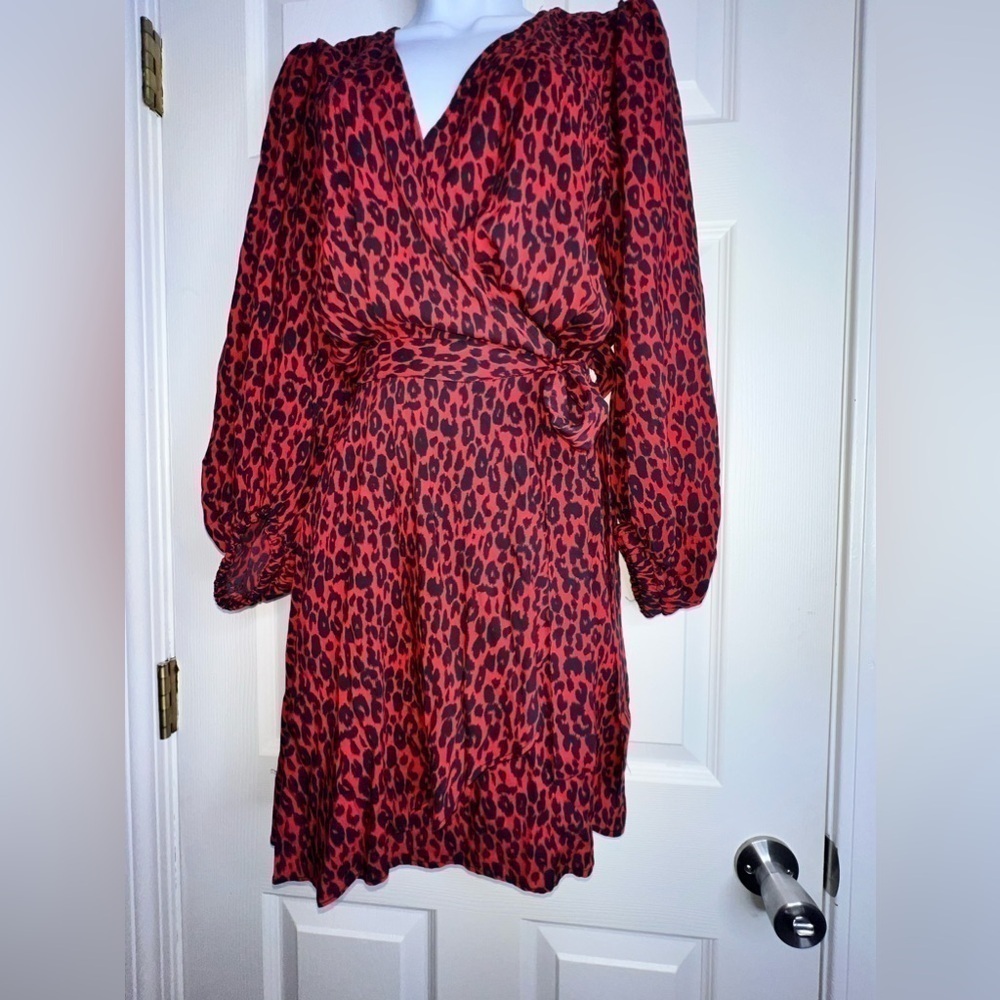 NWT IRO Women’s FR 40 L Red Animal Print Boina Wrap Mini Dress US 8 Long Sleeve - Picture 8 of 16